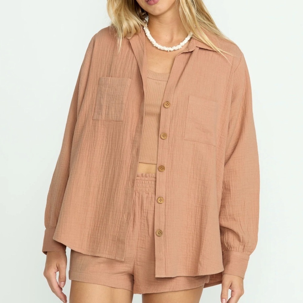 BILLABONG ORANGE CRINKLE GAUZE BUTTON FRONT LONG SLEEVE BLOUSE WOMENS SMALL